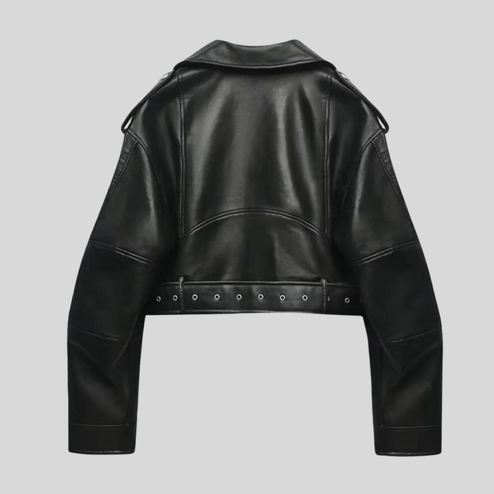 Damen Bikerjacke kurz geschnitten mit asymmetrischem Reißverschluss und Gürtel