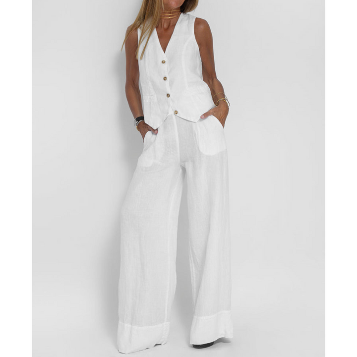 Zweiteiliges Damen-Set – ärmelliges Oberteil und hoch taillierte Hose