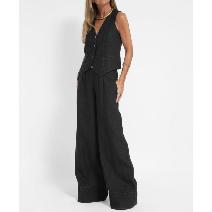 Zweiteiliges Damen-Set – ärmelliges Oberteil und hoch taillierte Hose